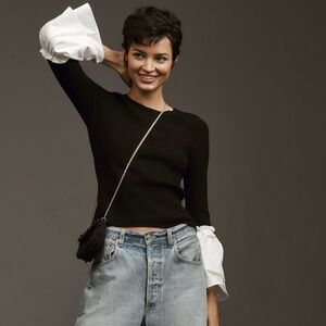 NWT Anthropology Maeve Bell-Sleeve Sweater Black and White M